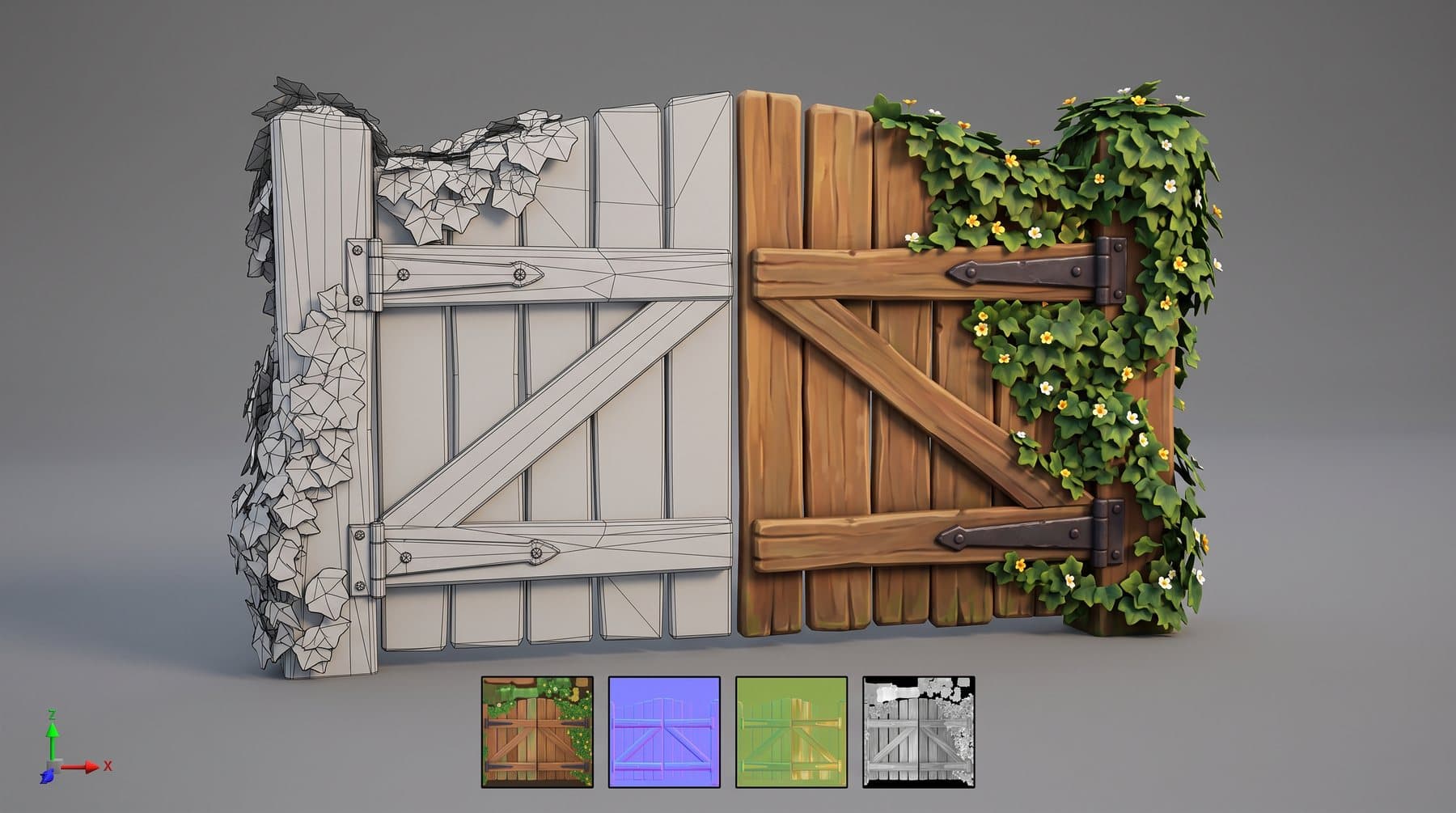Game asset sheet of a stylized garden gate: wireframe topology on one half, textured render on the other, with base color, normal, ORM and roughness maps below