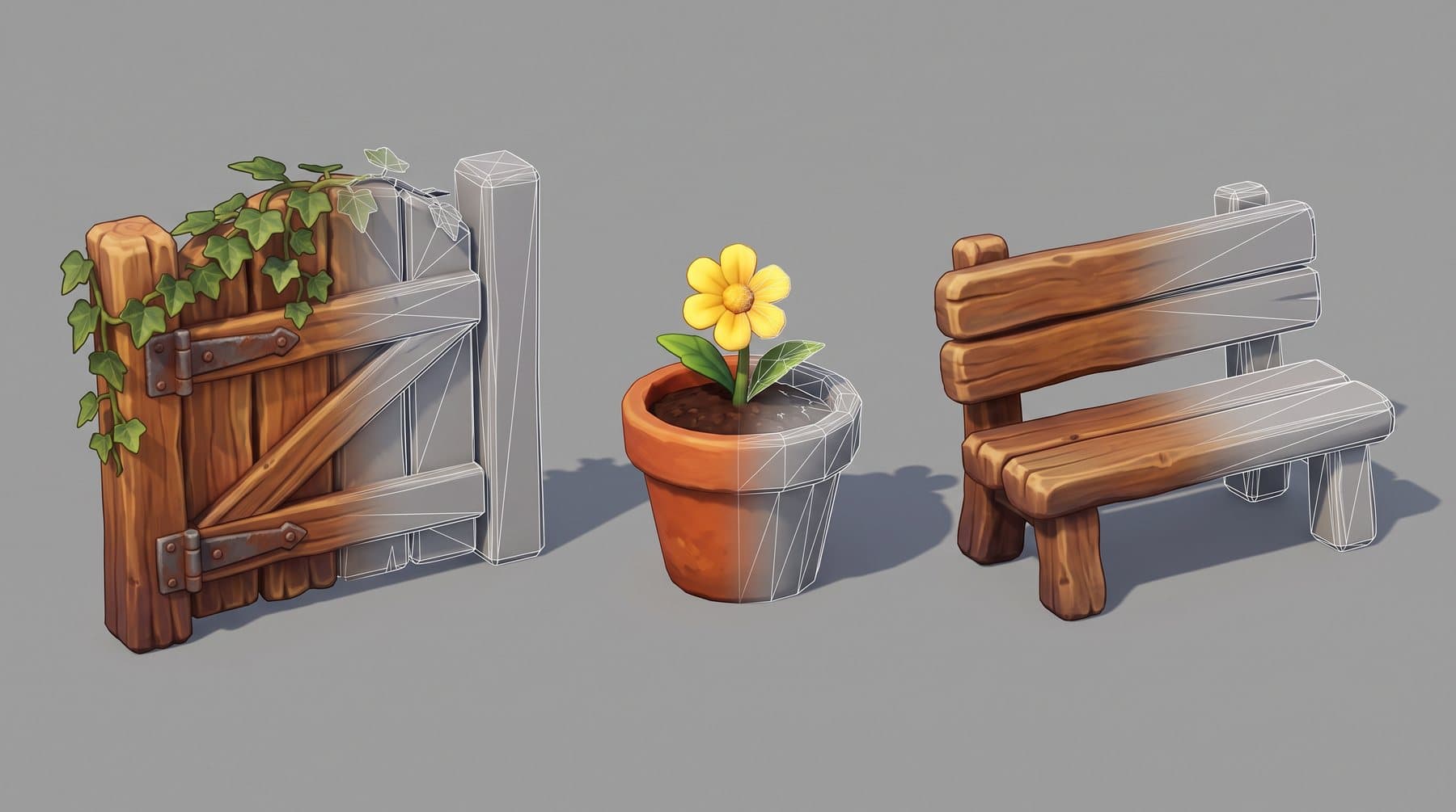 Three stylized 3D props, a gate, a flower pot and a bench, half textured and half wireframe