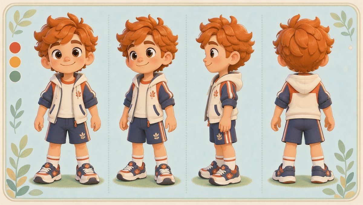 Character turnaround sheet of a red-haired boy