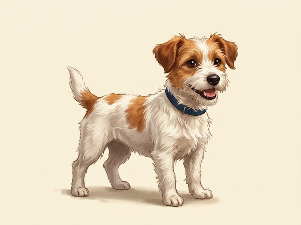 Dog design option 3, pinned: white Jack Russell with brown patches and a blue collar